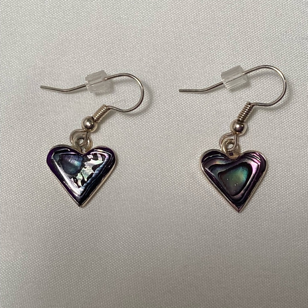 Silver heart abalone shell drop earrings